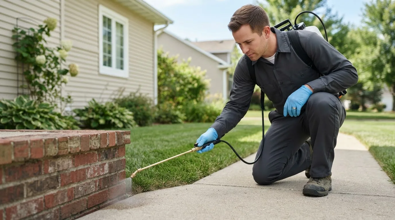 Pest control technician treating a home near North Benton, OH